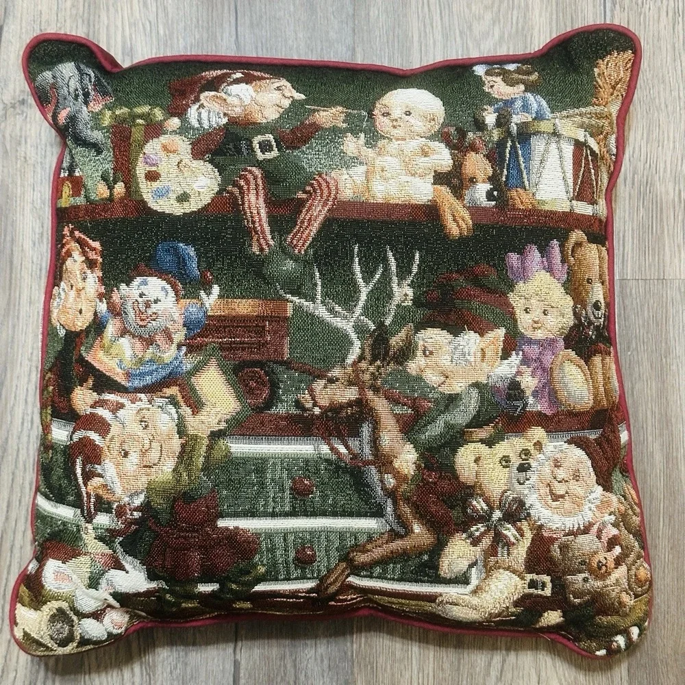 Vintage Christmas Tapestry Throw Pillow Santa Workshop Toys Elves 15